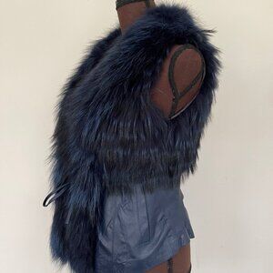NWOT Leather Vest Navy Blue Real Fox Fur XS size